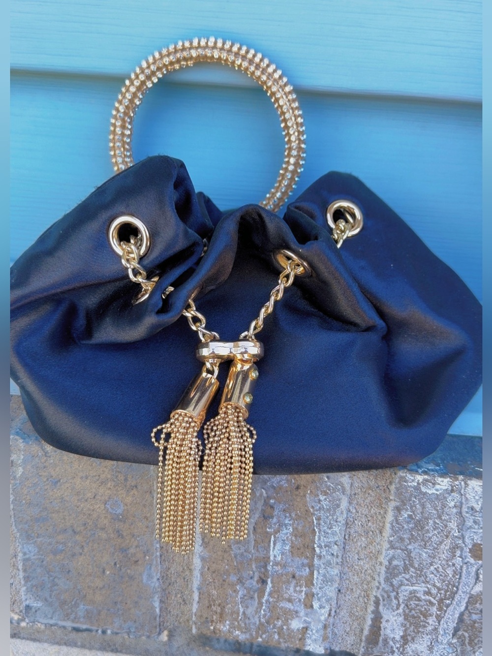Black Satin Drawstring Handbag with Gold Tassel Chain